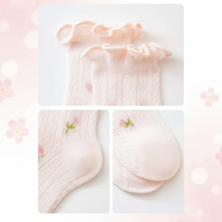 Close-up views of a pink floral sock&