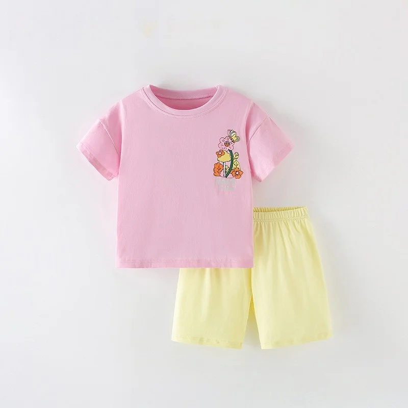 Pink T-shirt with a floral lettering graphic and yellow shorts
