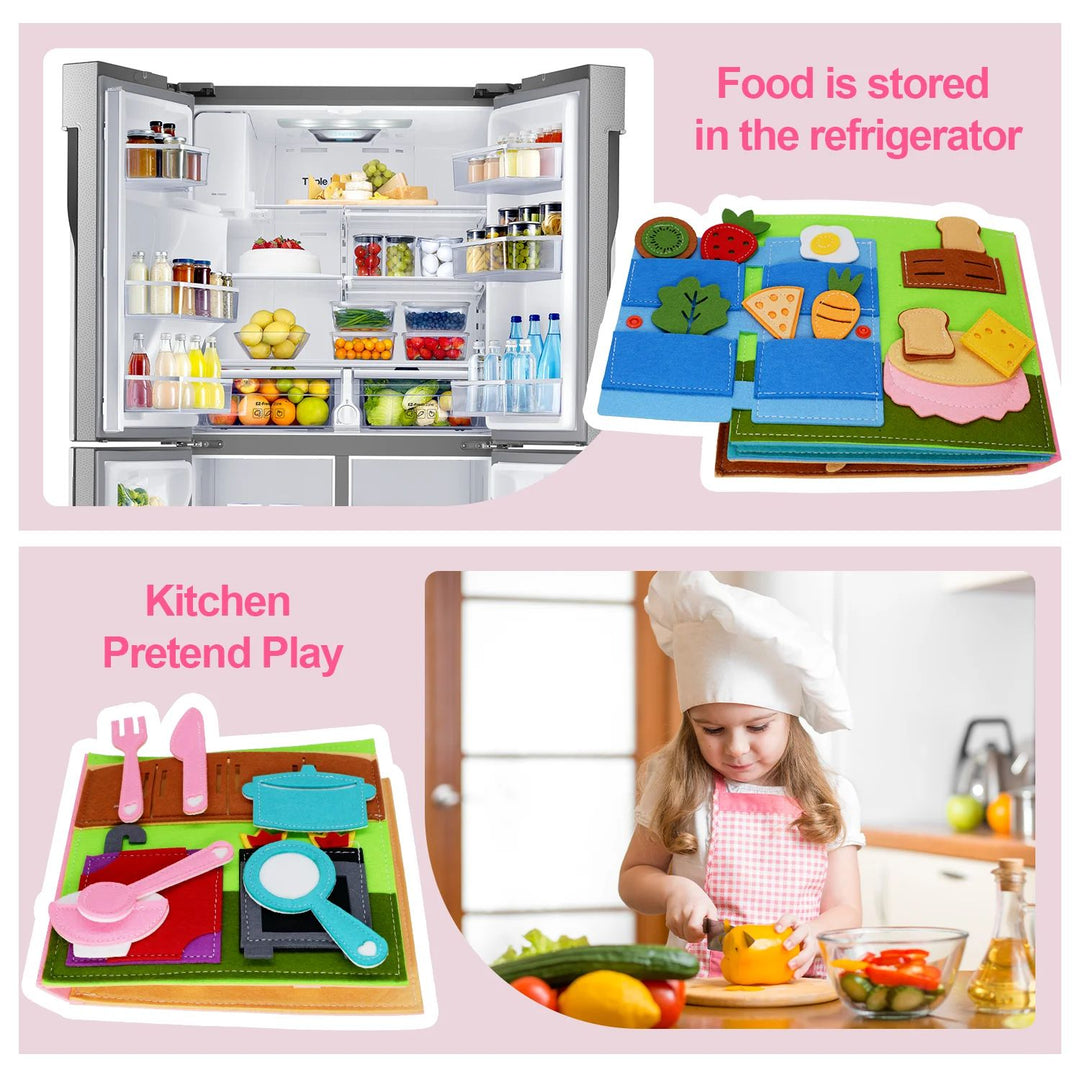 Pink kitchen and food-storage activity pages paired with a refrigerator and a child preparing food