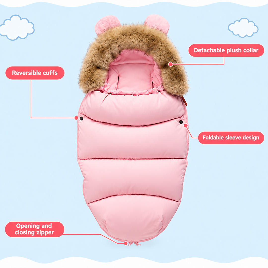 Pink stroller footmuff diagram highlighting the collar, fold-over cuffs, and zipper details