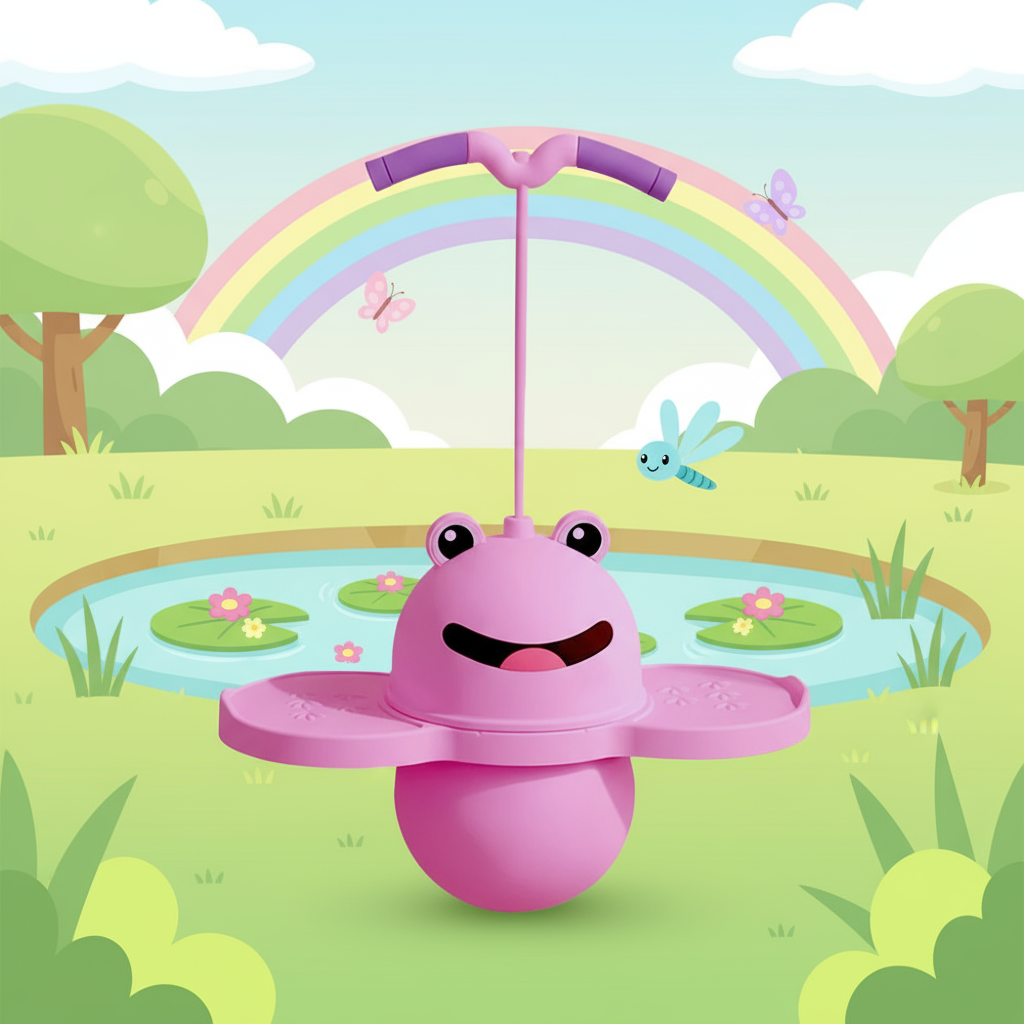 Pink frog pogo stick against an illustrated pond and rainbow.