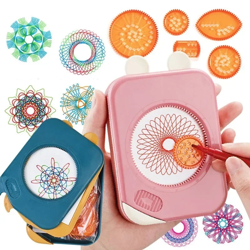 Hand using a pink gear drawing case, with a blue case and colorful geometric pattern examples