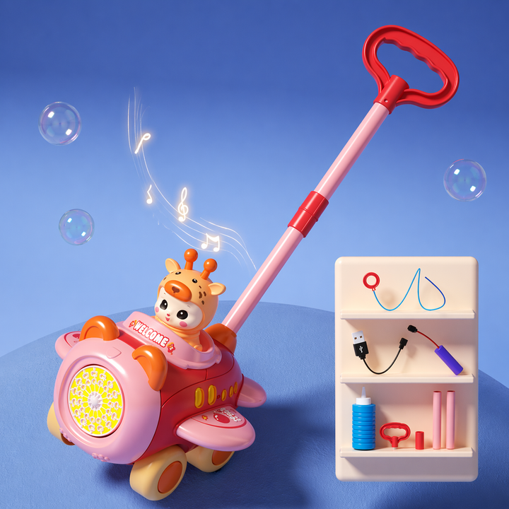 Pink airplane-style bubble push cart with a giraffe character and matching push handle.