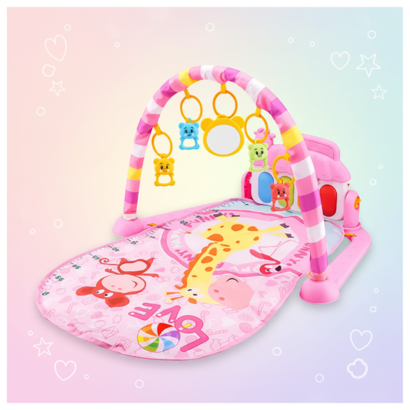Pink baby play gym with a giraffe-and-monkey mat and hanging animal rattles