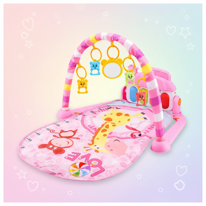 Pink baby play gym with a giraffe-and-monkey mat and hanging animal rattles