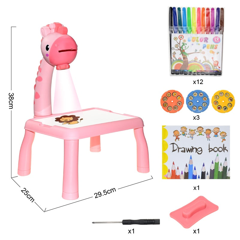 Pink giraffe drawing projector with measurements, three picture discs, coloring pens and drawing book