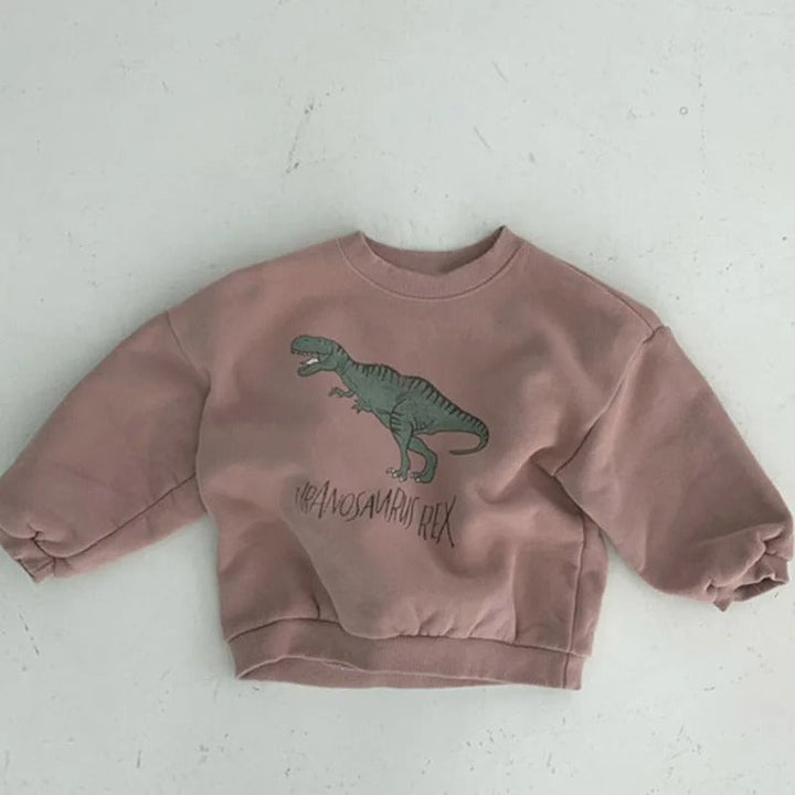 Pink long-sleeve sweatshirt with a green dinosaur print and relaxed shoulders