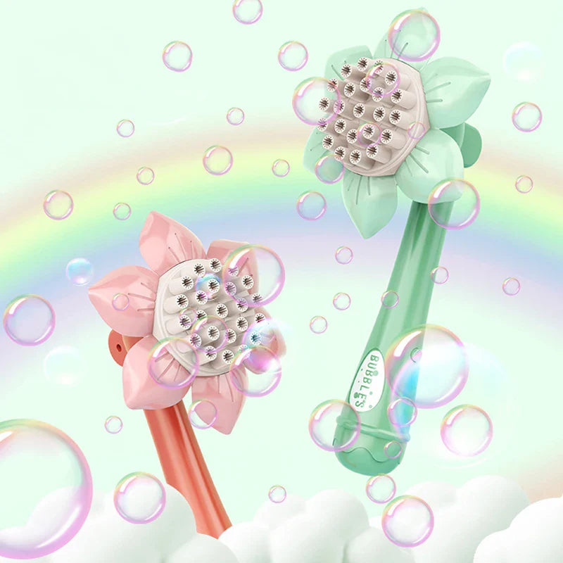 Pink and green flower-shaped bubble blowers surrounded by bubbles