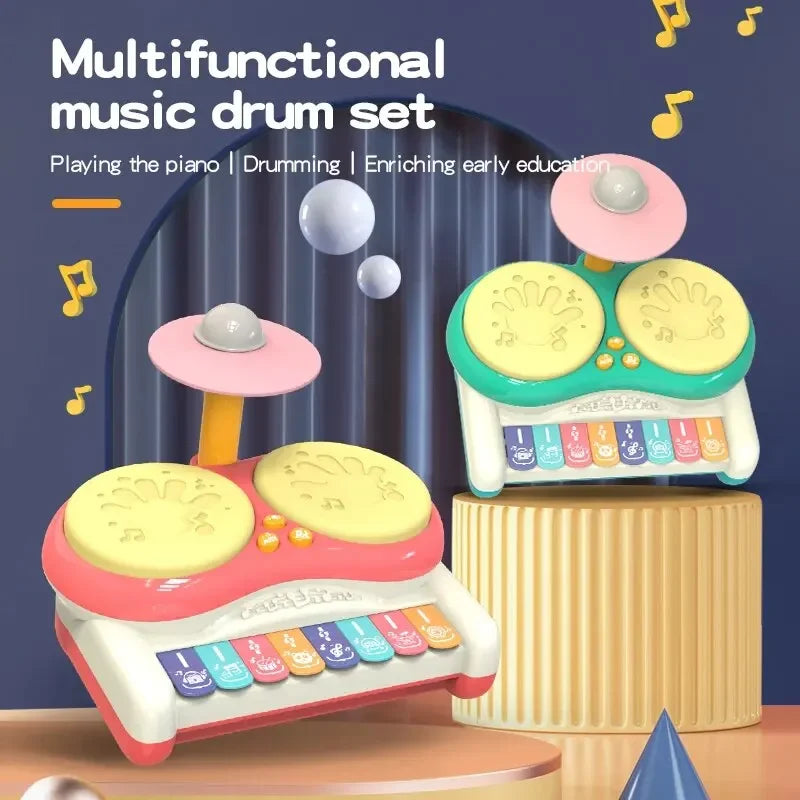 Pink and green drum sets with colorful keyboards and raised pink cymbals