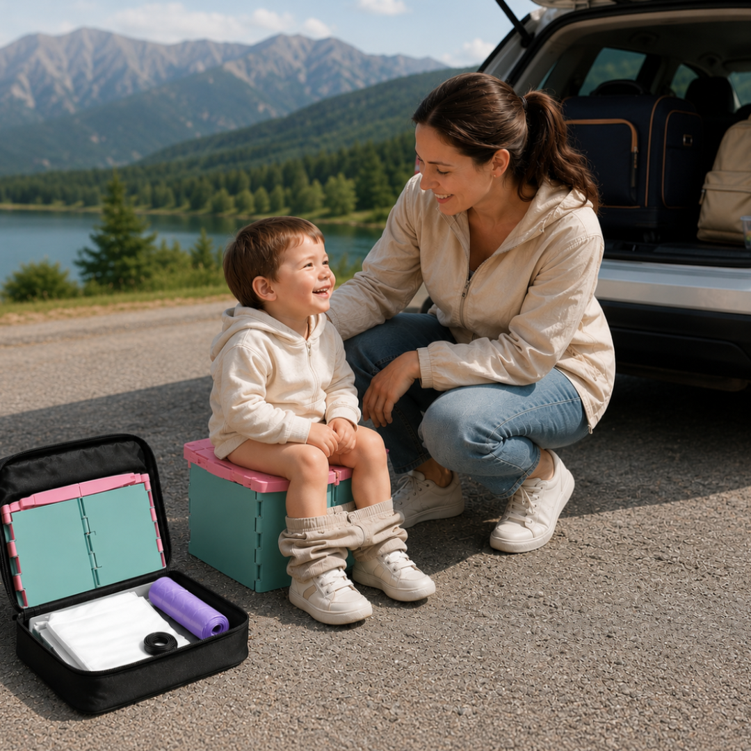 Child seated on a pink and green potty beside an adult at a roadside stop