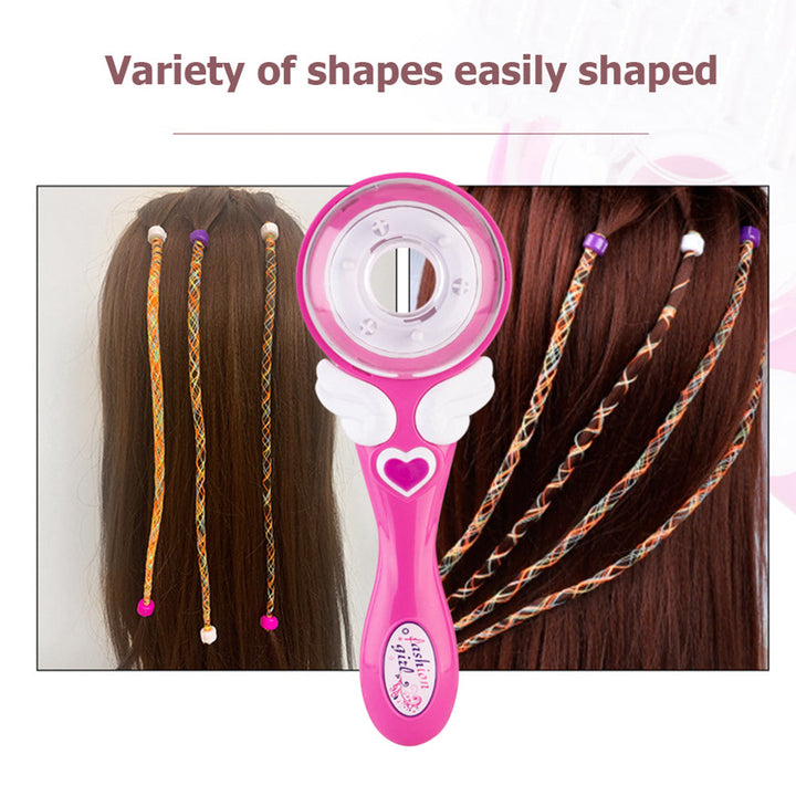 Pink hair braider shown beside straight and twisted decorated strands