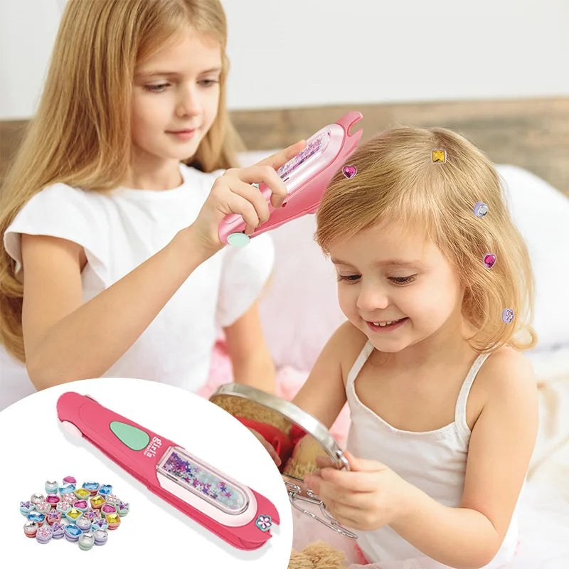 Child using a pink hair gem stamp to add colorful jewels to another child's hair