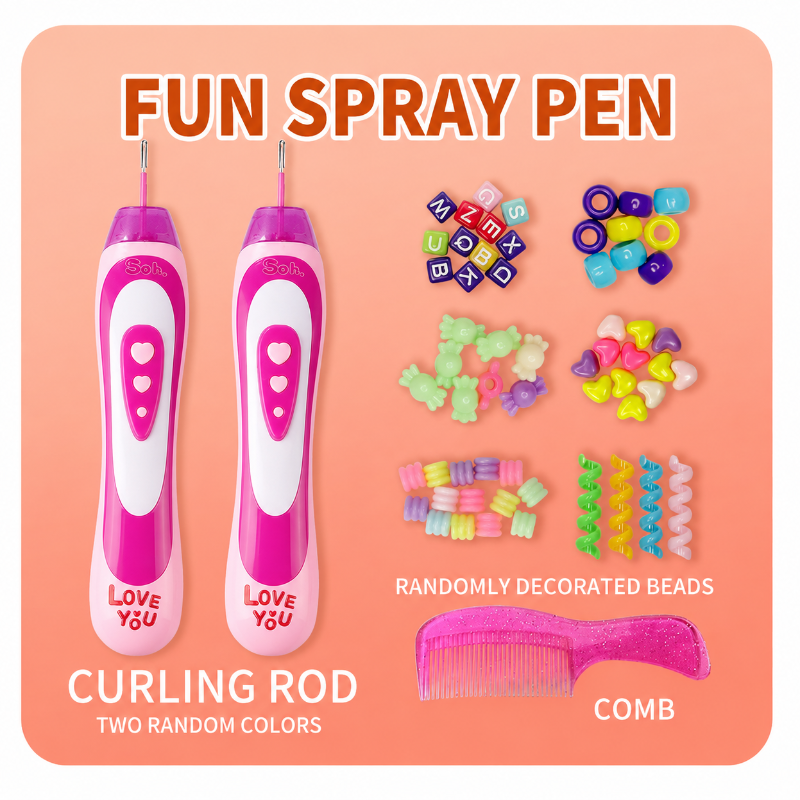 Pink hair styling tools displayed with assorted decorative beads and a comb