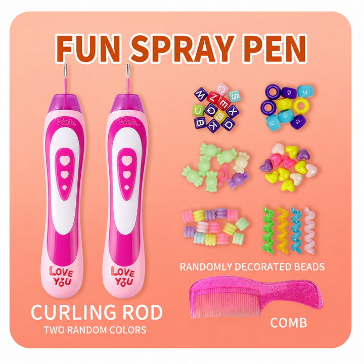 Pink hair styling tools displayed with assorted decorative beads and a comb