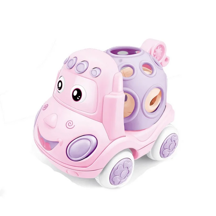 Pink hippo toy car with a purple open top and white wheels