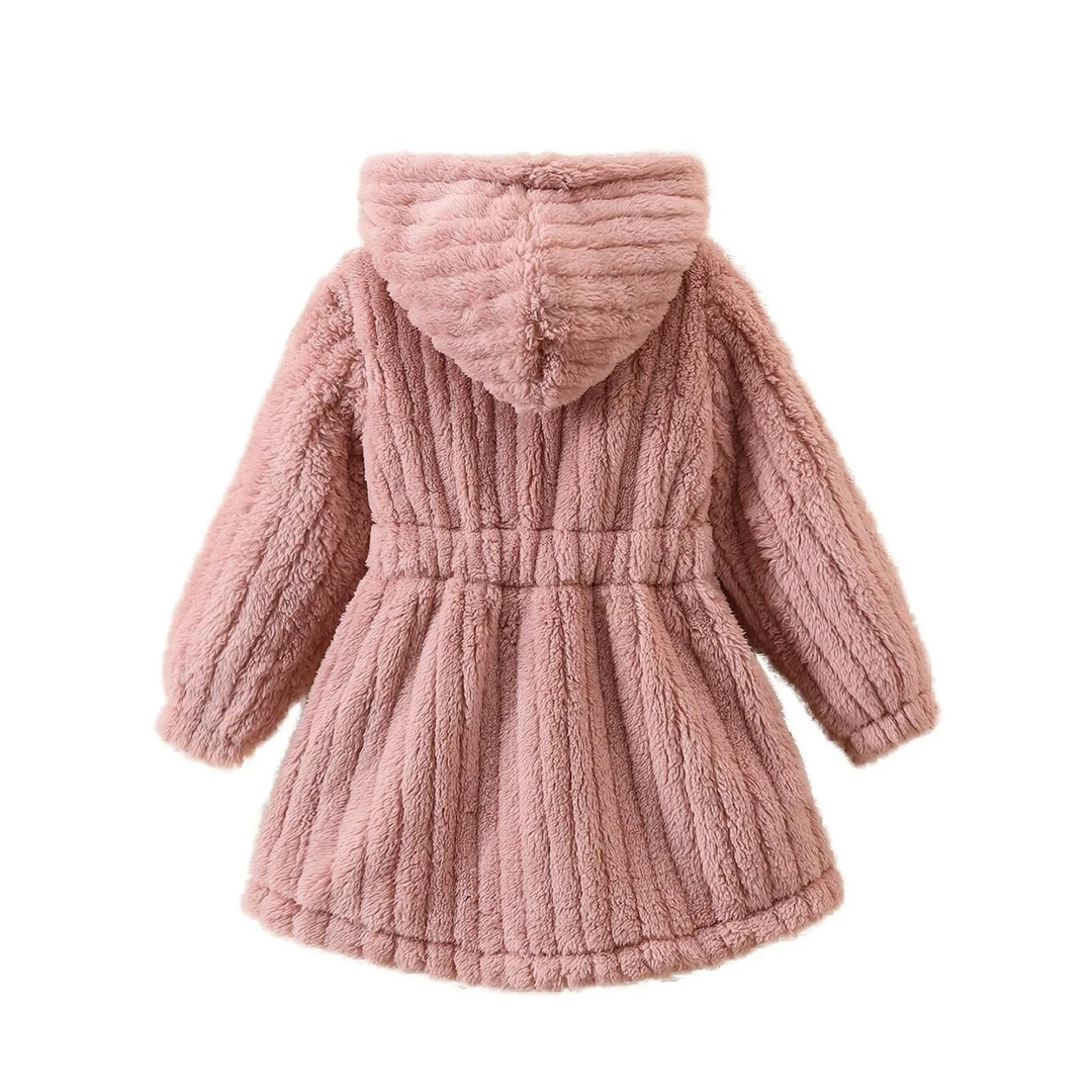 Back of a pink hooded winter coat showing vertical texture and a gathered waist