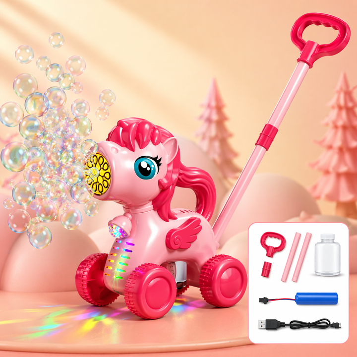 Pink horse bubble push cart with pink wheels, light effects and a matching handle.