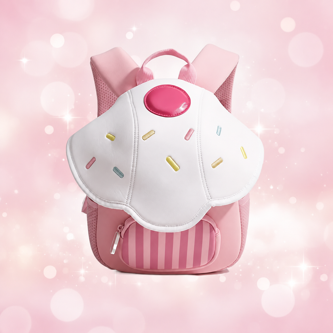 Pink Ice Cream backpack with a white sprinkle-decorated top and striped front pocket.