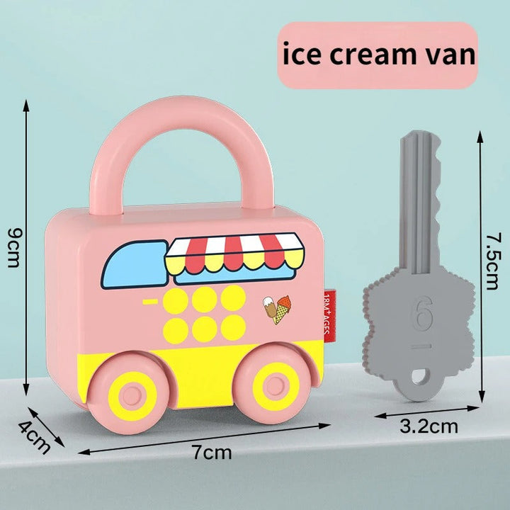 Pink ice cream van lock with yellow wheels and a gray key, shown with measurements.