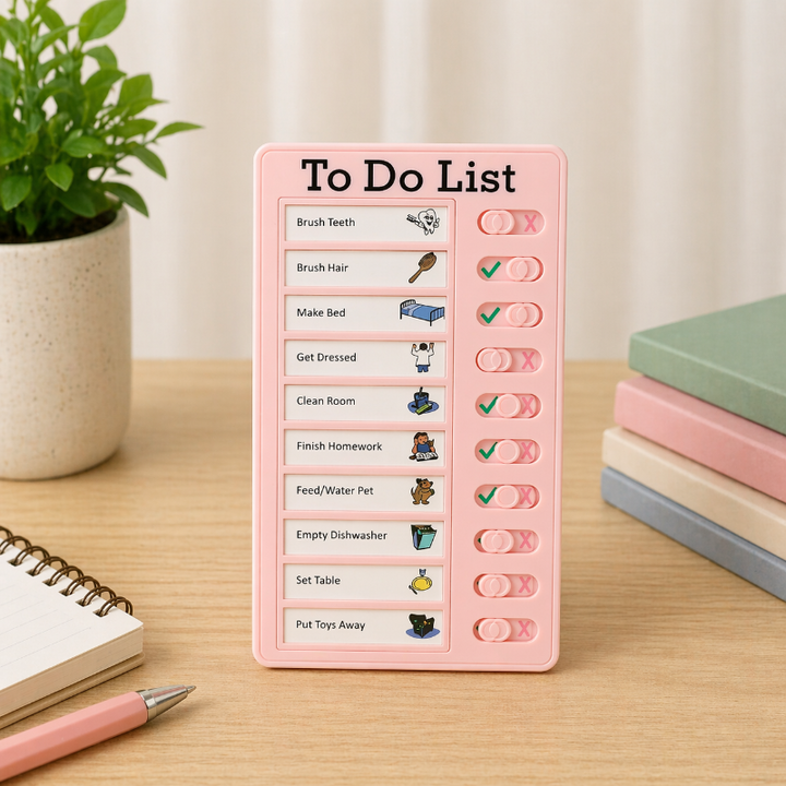 Pink chore chart with an illustrated daily task list and sliding switches.