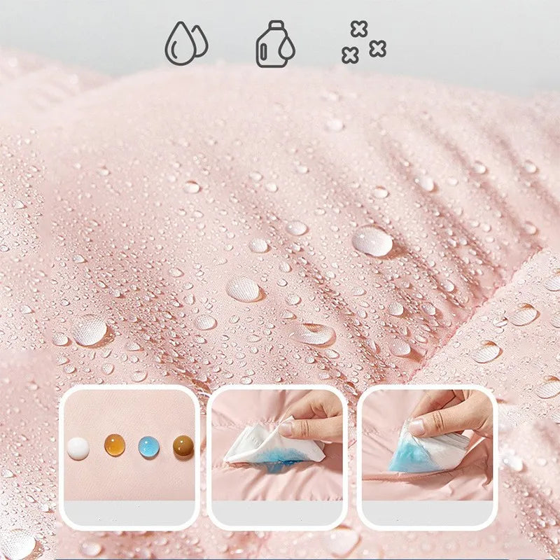 Water droplets on pink jacket fabric with inset close-ups of the material