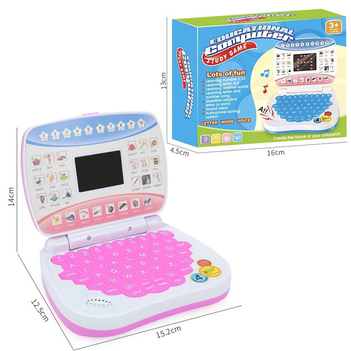 Pink learning laptop and retail box with product and package measurements