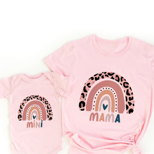 Pink mama T-shirt and mini baby bodysuit with leopard-edged rainbows and colored lettering