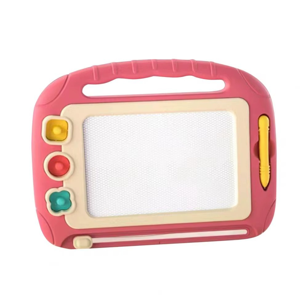 Pink magnetic drawing board with a blank screen, carry handle, stylus, and shape stamps
