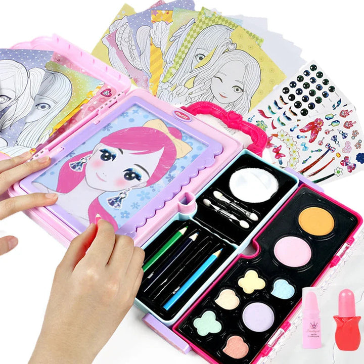 Hands adding color to a face illustration in an open pink makeup drawing case