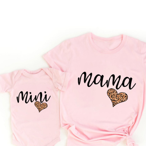 Pink mama T-shirt and mini baby bodysuit with black script and leopard-print hearts