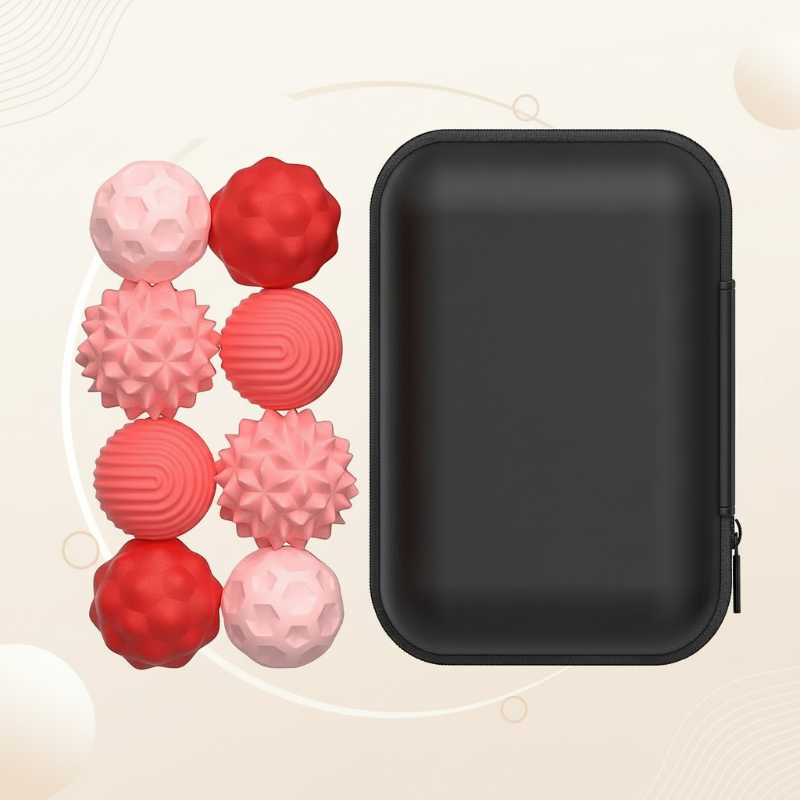Eight medium pink and red magnetic beads beside a rectangular black zippered case