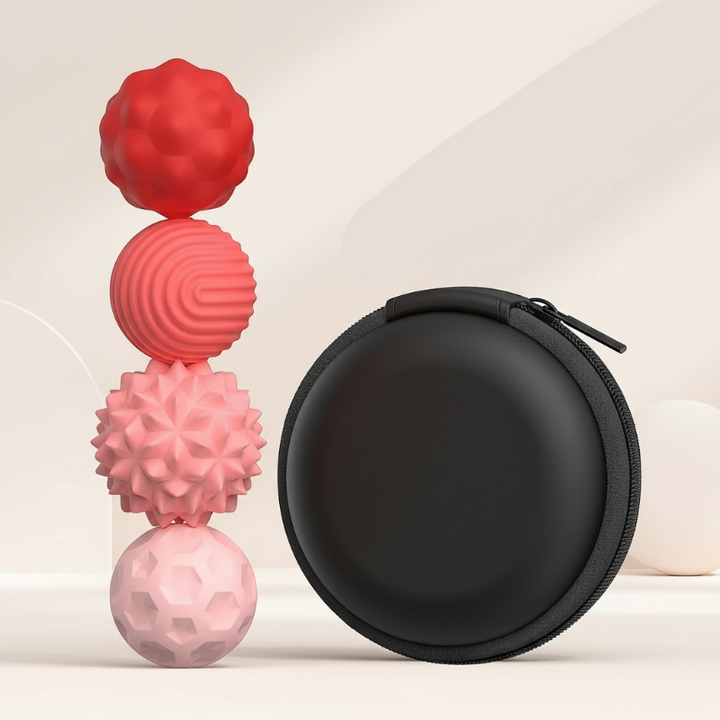 Four medium pink and red textured magnetic beads beside a round black zippered case