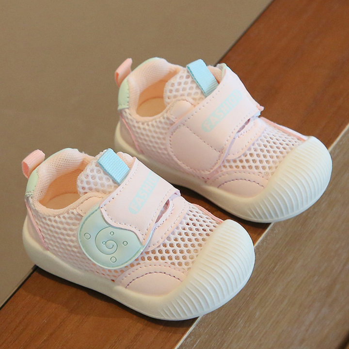 Pink mesh toddler sneakers with mint bear details and white toe caps
