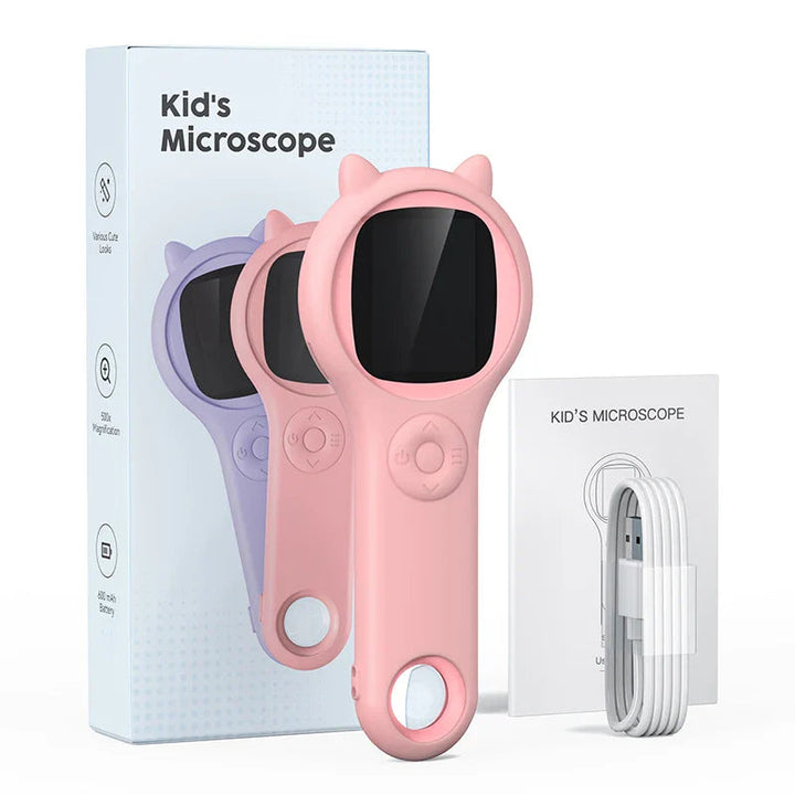 Pink handheld microscope displayed with its box, USB cable and instruction booklet