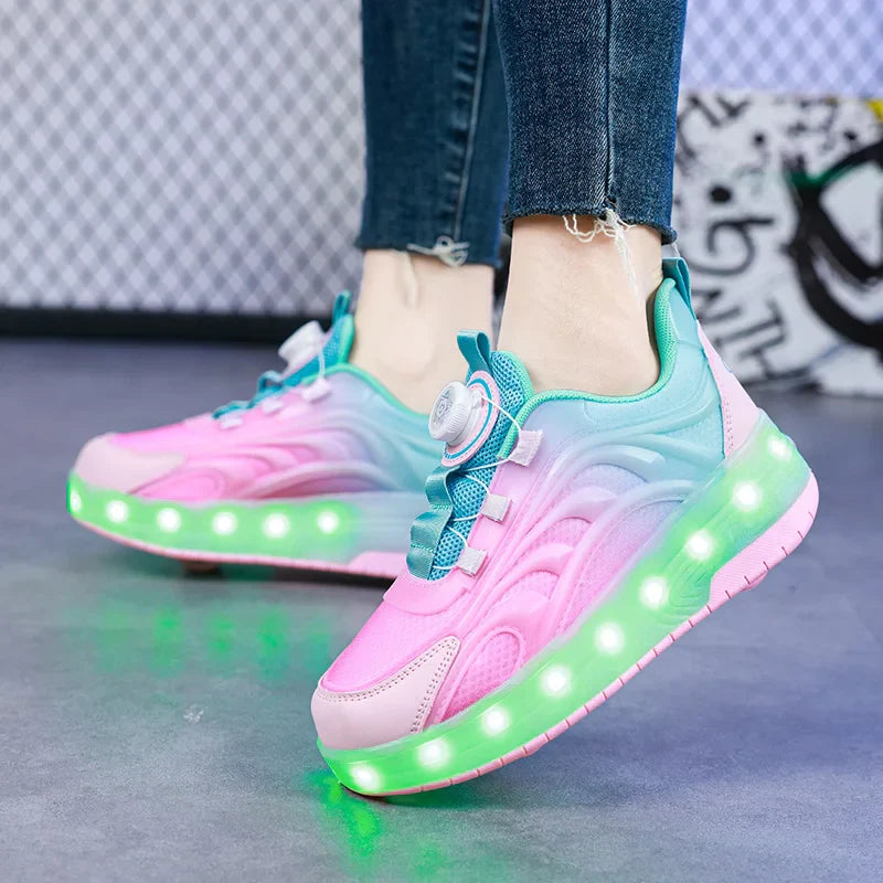Pink-and-mint roller sneakers worn with green lights glowing around the soles