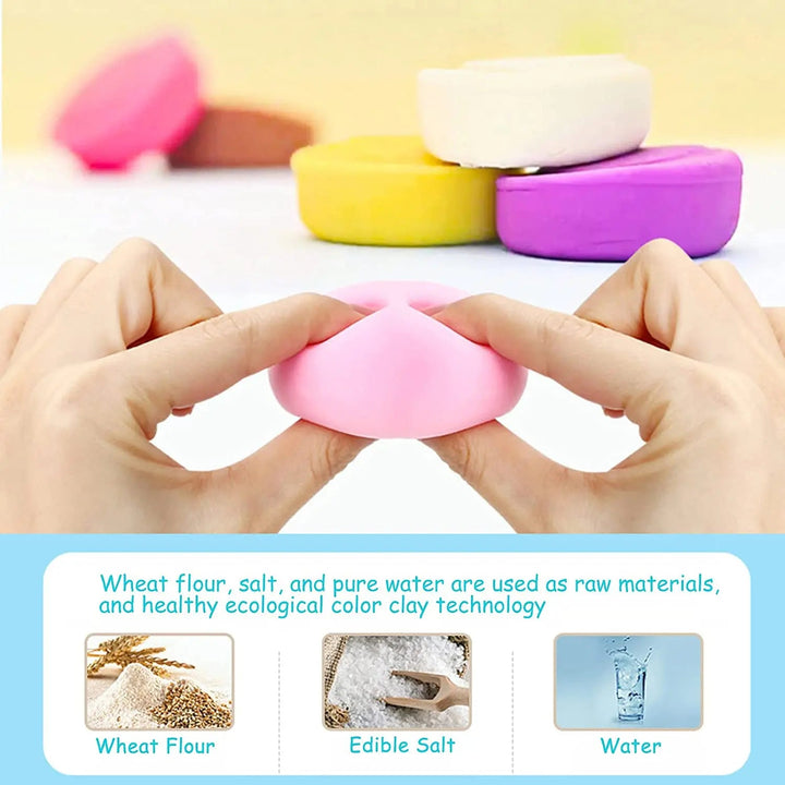 Hands shaping pink modeling dough beside other colors and a flour, salt, and water ingredient graphic