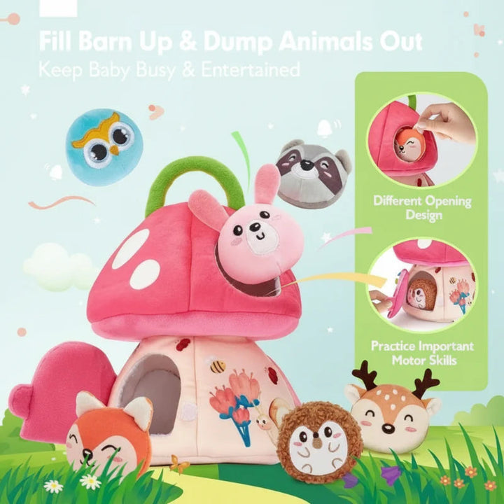 Pink mushroom plush house with removable woodland animal characters and a green loop handle