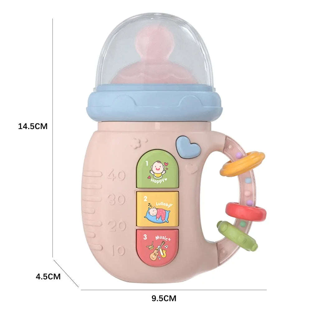 Pink musical bottle toy with measurements of 14.5 cm tall, 9.5 cm wide, and 4.5 cm deep.