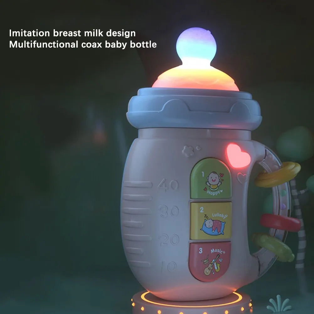 Pink musical bottle toy in the dark with a glowing top, illuminated heart, and light around the base.