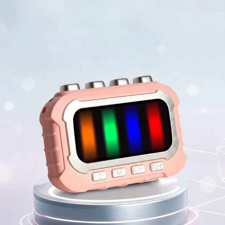 Pink musical fidget game with silver-colored trim and illuminated colored bars.