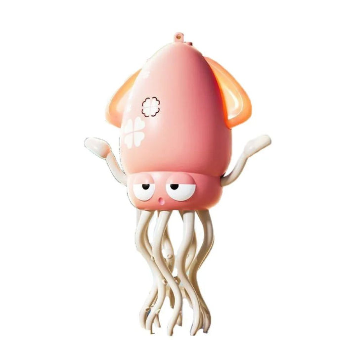 Pink octopus toy with flower details and long, wavy cream-colored tentacles