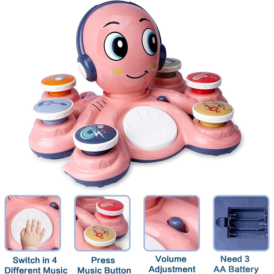 Pink octopus music toy with close-ups of its music controls, volume switch and battery compartment.