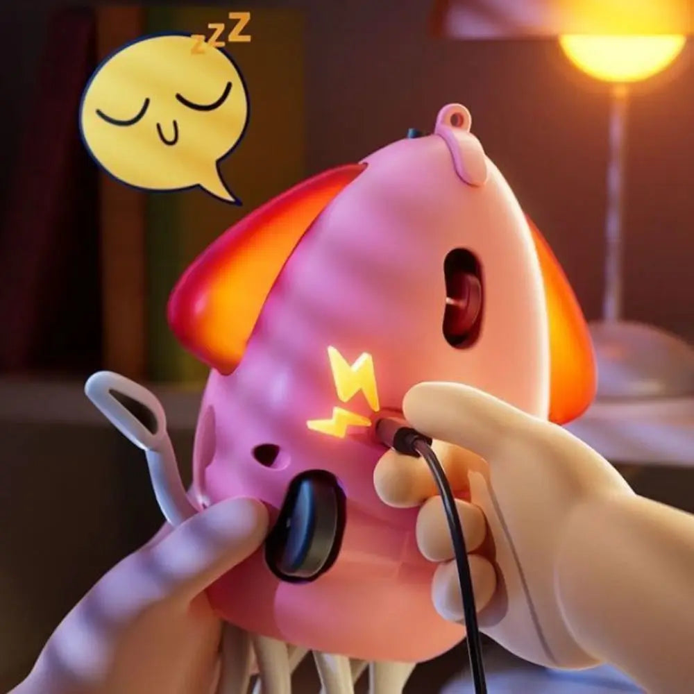 Close-up of a pink octopus toy with a charging cable at its side port