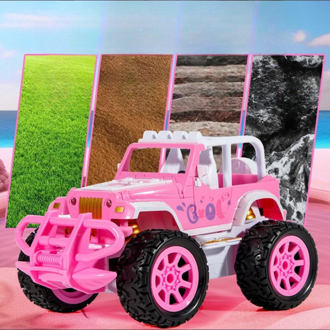 Pink off-road RC vehicle displayed in front of grass, dirt and rock terrain panels.