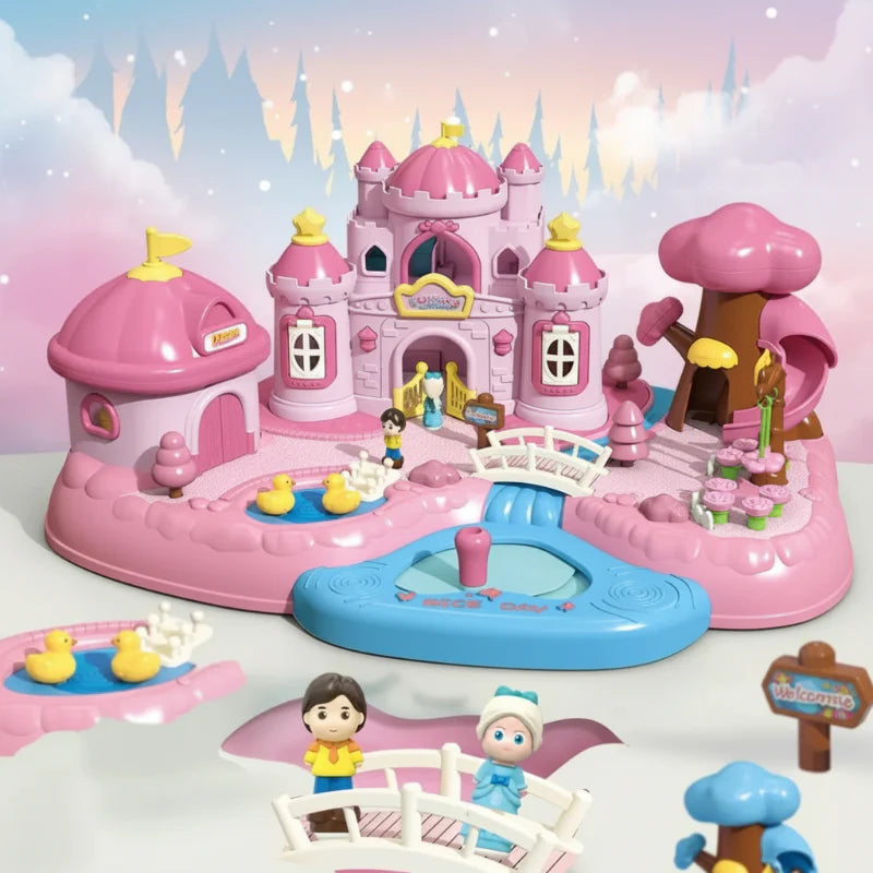 Pink palace playset with towers, a white bridge, tree slide and blue control area