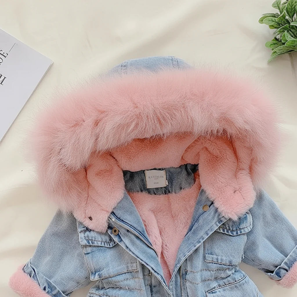 Close-up of the pink plush hood trim and lining on a denim-look winter coat