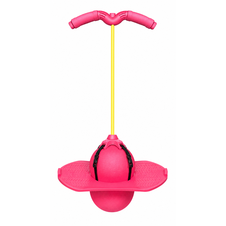 Pink balancing pogo stick with a yellow shaft and textured foot platform