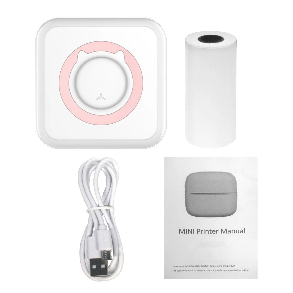 Pink-accented printer with one paper roll, USB cable and user manual