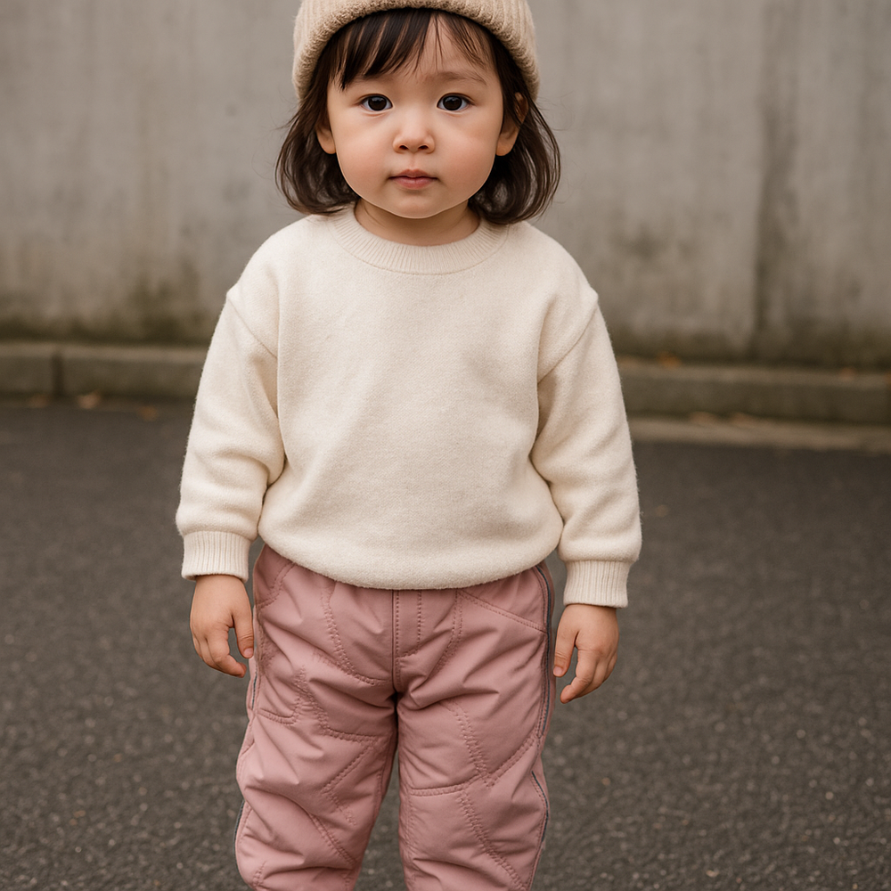 Child wearing pink quilted snow pants with a cream sweater outdoors