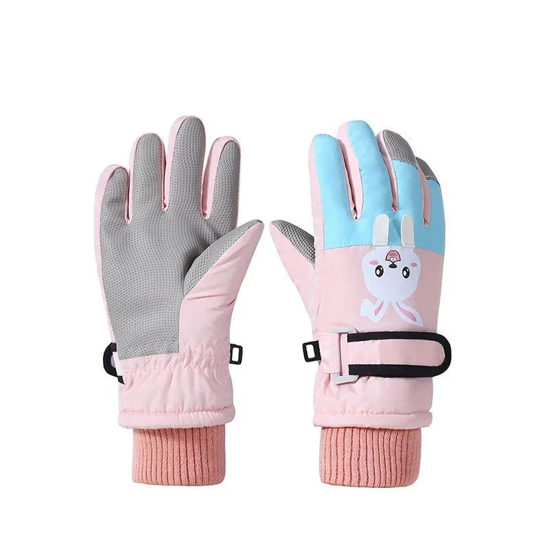 Pink rabbit ski gloves showing gray palms, blue finger panels, ribbed cuffs, and adjustable wrist straps.